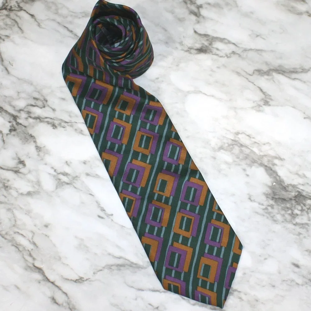 KENNETH COLE Necktie Retro Abstract Geometric Green Purple Stripe Silk Neck Tie